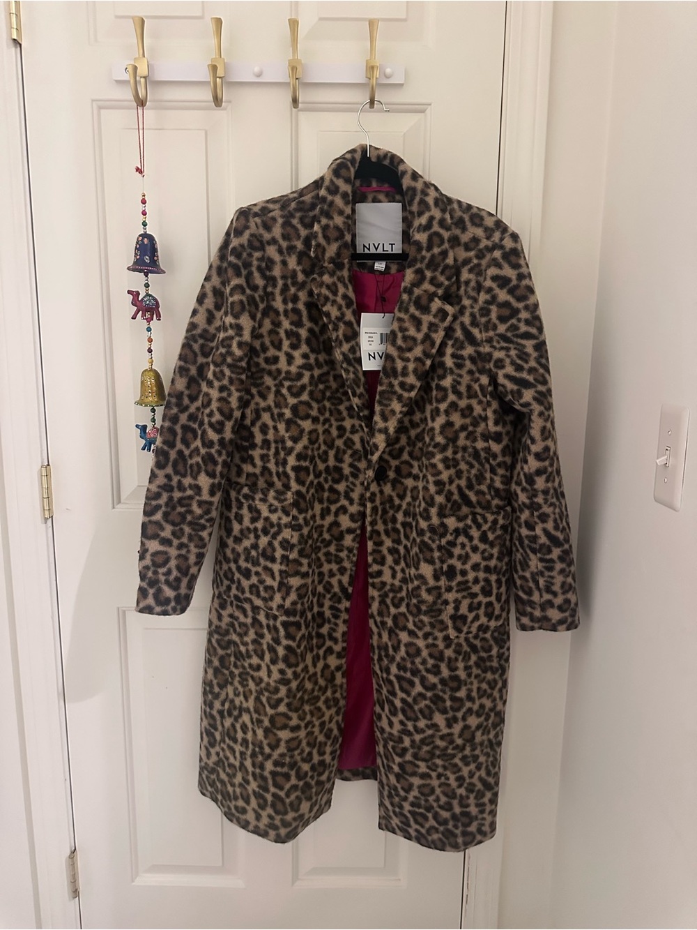 NVLT Leopard-Print Wool Blend Trench Coat in Brown and Black Animal Print Large